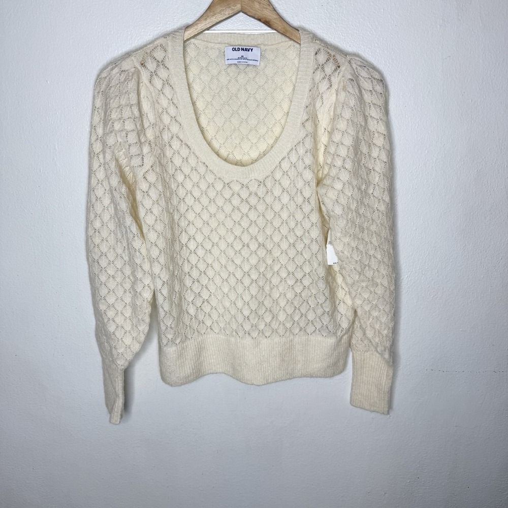 New Old Navy Cream Pointelle Scoop Neck Cozy Sweater Polyester Wool Women's XS